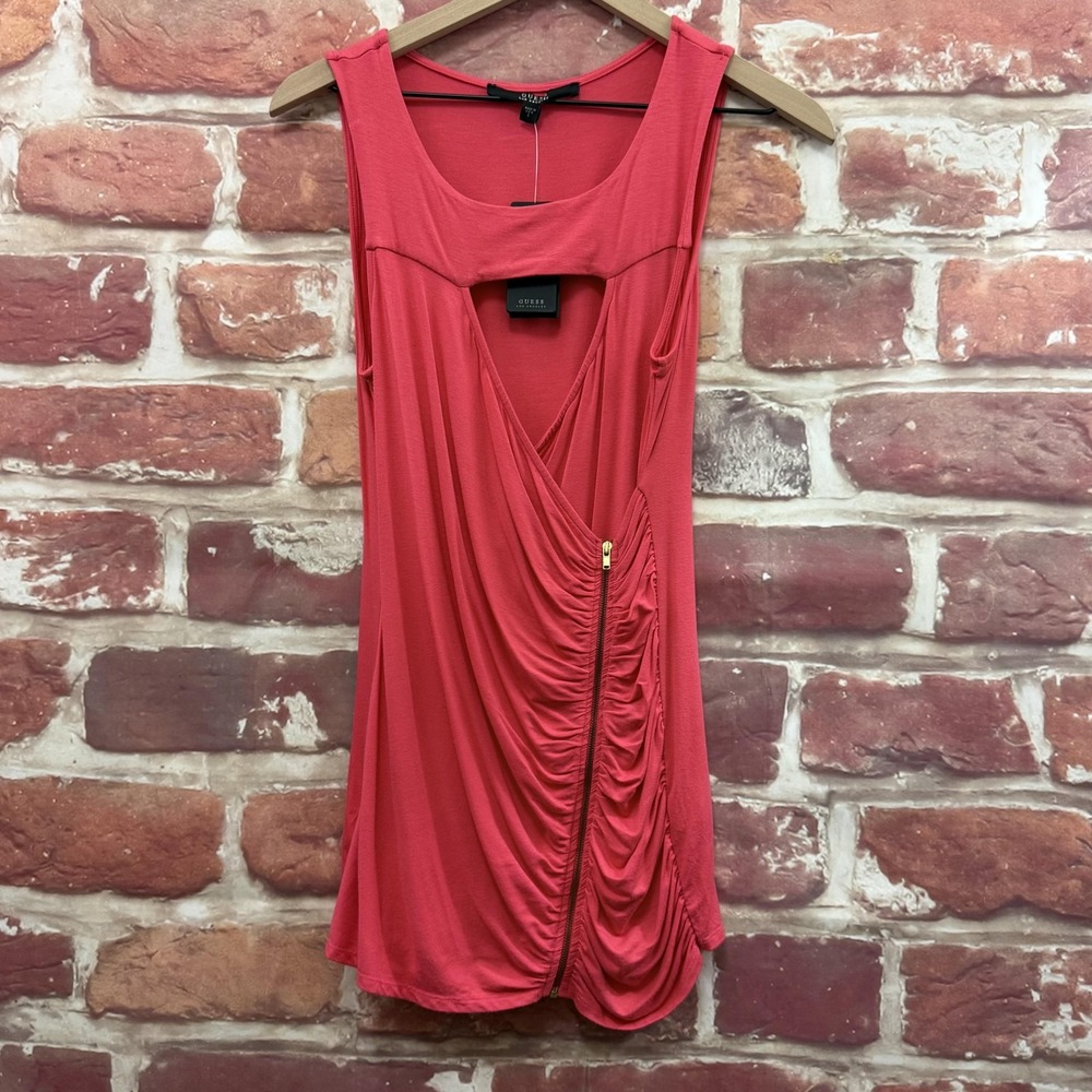 Guess Tunic Top Womens Large Dark Pink Cut Out Ruched Stretchy Casual Tank Shirt